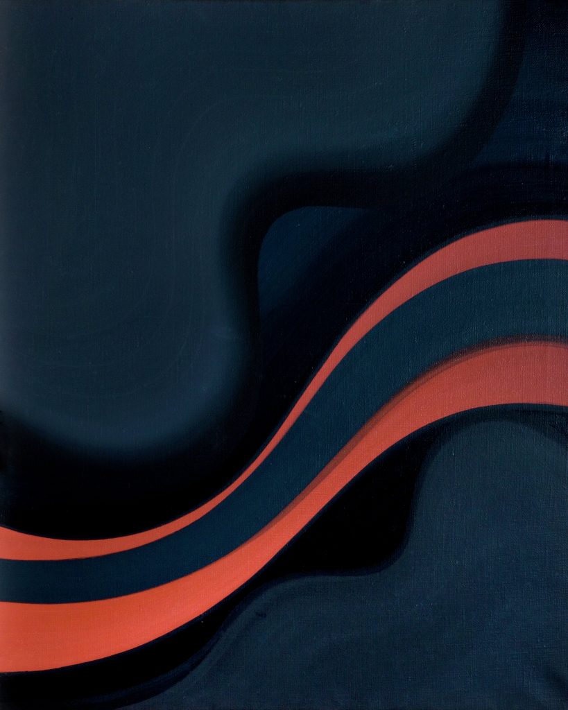 An abstract painting: a deep blue canvas is split in two by a red ribbon stretching from left to right. Within the red is a blue ribbon that also stretches from left to right. 