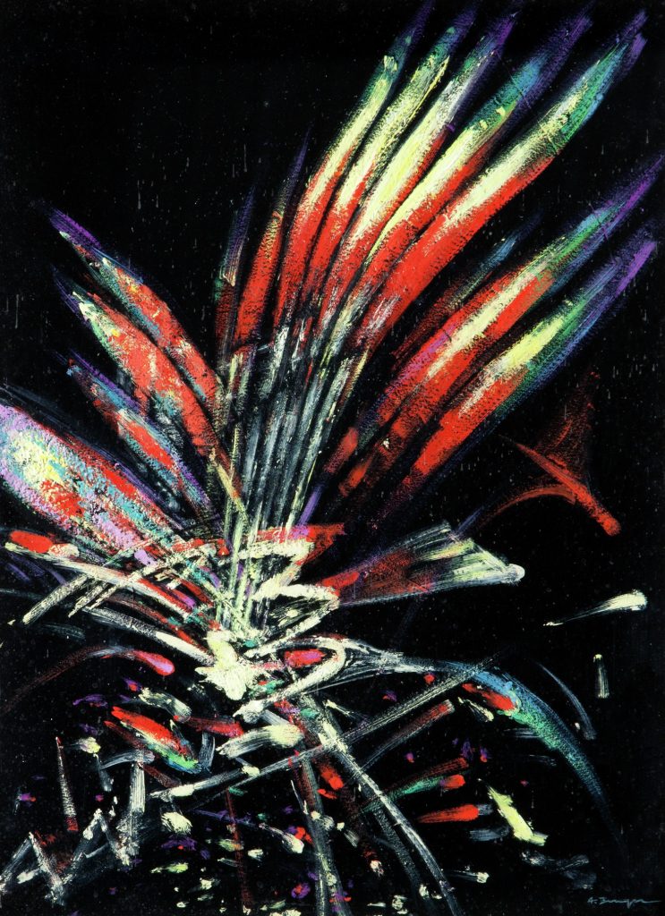 An abstract painting: on a black background, the colours of a rainbow - purple, blue, green, yellow, and red - and used to depict what seems to be a firework going off in a joyful explosion. 