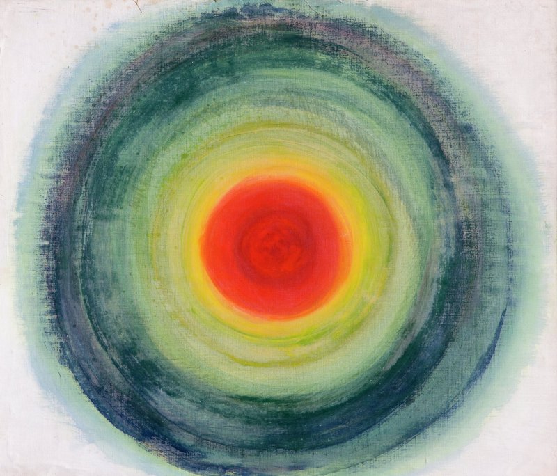 An abstract painting: a circle, with outer colours of blue and green, while the centre is yellow and red.