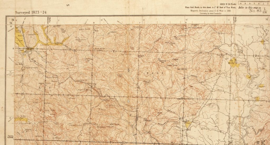 A small section of a larger map showing the border between India, to the west, and Burma, to the east. This section showing the upper right of the map shows the area directly south of Kohima and Imphal.